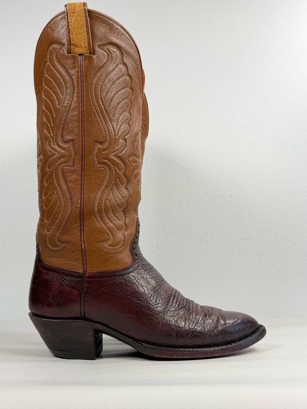 Vintage Hondo Men’s Brown Cowboy Boots Size 7.5 D Shrunken Bull Shoulder Leather